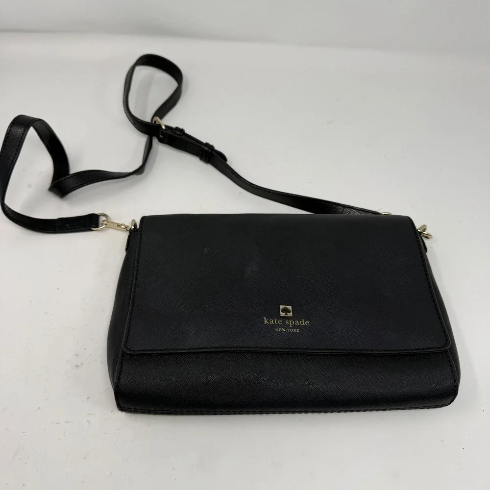 Kate Spade New York Black Saffiano Leather Crossbody Bag‎ Gold Logo RN0102760